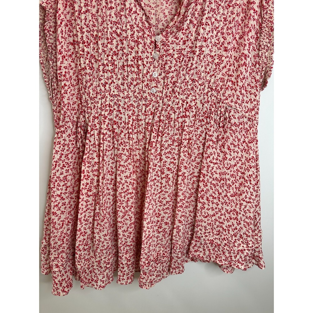 Free People One Fine Day Mini Dress Red Cream Ditsy Floral Pintuck XS Oversized - Picture 6 of 15